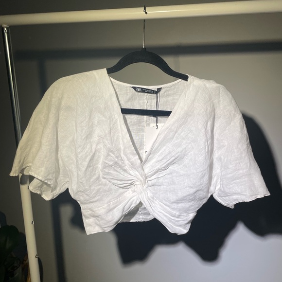 ZARA White Cropped Tie Front Blouse - Picture 3 of 9